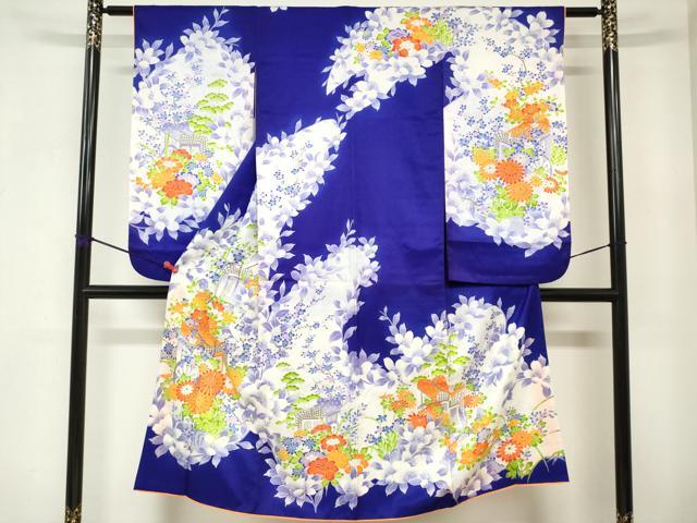 平和屋着物[]七五三　女の子　７歳　祝着　四つ身　駒刺繍　御所車花松文　金彩　DABJ3063ea