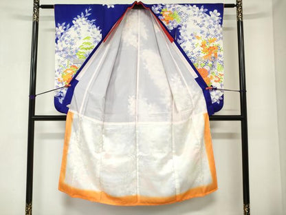 平和屋着物[]七五三　女の子　７歳　祝着　四つ身　駒刺繍　御所車花松文　金彩　DABJ3063ea