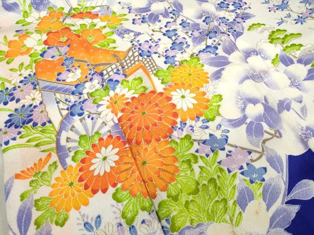 平和屋着物[]七五三　女の子　７歳　祝着　四つ身　駒刺繍　御所車花松文　金彩　DABJ3063ea