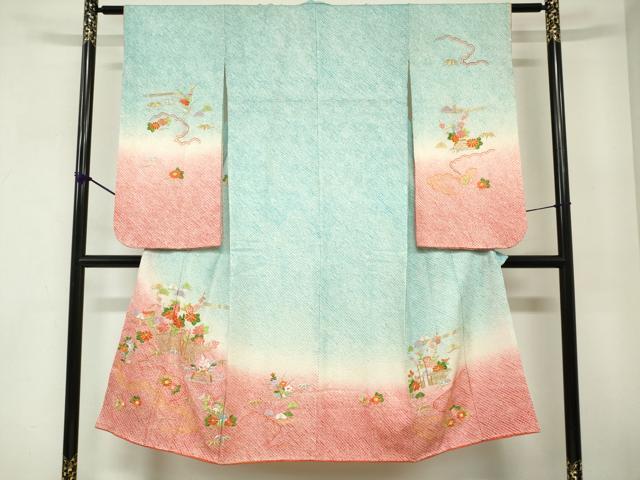 平和屋着物[]七五三　女の子　７歳　祝着　四つ身　駒刺繍　総絞り　籬花文　松竹梅　金銀糸　逸品　DABJ3066ea