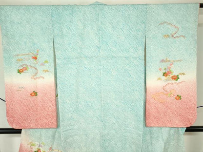 平和屋着物[]七五三　女の子　７歳　祝着　四つ身　駒刺繍　総絞り　籬花文　松竹梅　金銀糸　逸品　DABJ3066ea