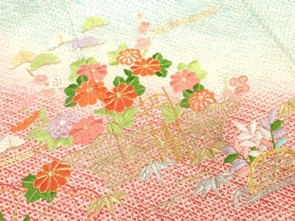 平和屋着物[]七五三　女の子　７歳　祝着　四つ身　駒刺繍　総絞り　籬花文　松竹梅　金銀糸　逸品　DABJ3066ea