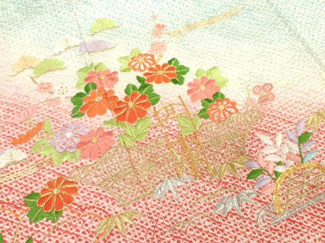 平和屋着物[]七五三　女の子　７歳　祝着　四つ身　駒刺繍　総絞り　籬花文　松竹梅　金銀糸　逸品　DABJ3066ea