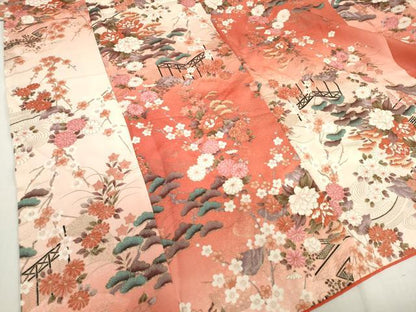 平和屋着物[]七五三　女の子　７歳　祝着　四つ身　風景花文　金彩　逸品　DABJ3067ea