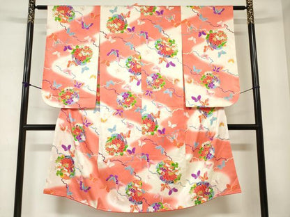 平和屋着物[]七五三　女の子　７歳　祝着　四つ身　花蝶丸文　暈し染め　金彩　逸品　DABJ3068ea