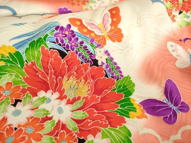 平和屋着物[]七五三　女の子　７歳　祝着　四つ身　花蝶丸文　暈し染め　金彩　逸品　DABJ3068ea