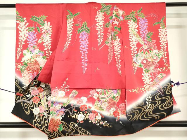 平和屋着物[]七五三　女の子　３歳　祝着　三つ身　扇面花鞠文　藤花房　暈し染め　金彩　逸品　DABJ3073ea