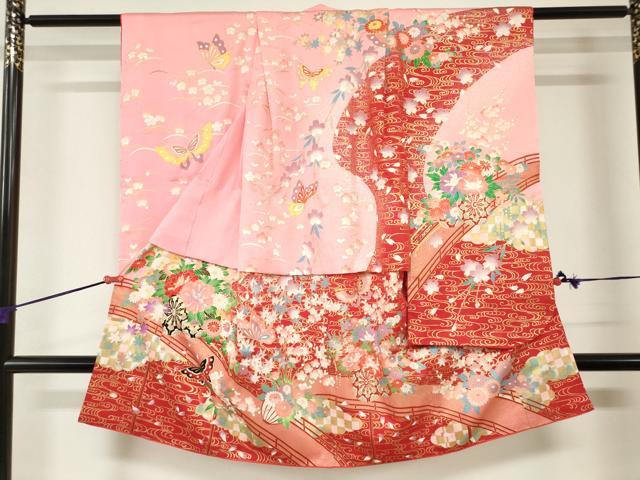 平和屋着物[]七五三　女の子　３歳　祝着　三つ身　渡橋花蝶文　枝垂れ桜　金彩　逸品　DABJ3076ea