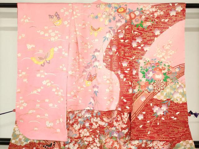 平和屋着物[]七五三　女の子　３歳　祝着　三つ身　渡橋花蝶文　枝垂れ桜　金彩　逸品　DABJ3076ea