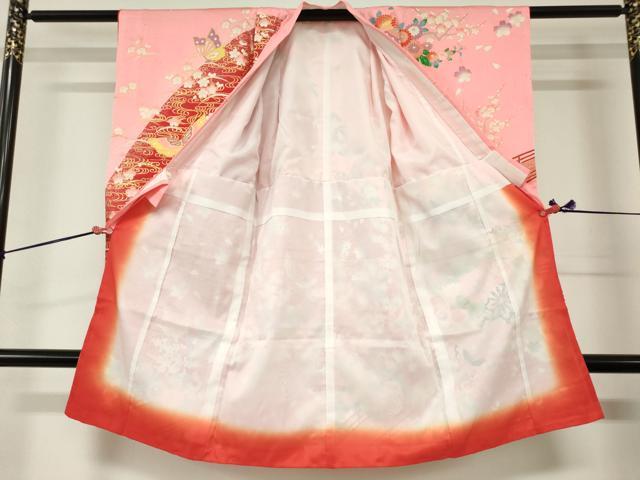 平和屋着物[]七五三　女の子　３歳　祝着　三つ身　渡橋花蝶文　枝垂れ桜　金彩　逸品　DABJ3076ea
