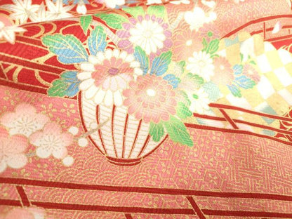平和屋着物[]七五三　女の子　３歳　祝着　三つ身　渡橋花蝶文　枝垂れ桜　金彩　逸品　DABJ3076ea