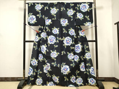 平和屋着物∴夏物　世界的ファッションデザイナー　山本寛斎　kansaiブランド　浴衣　舞花文 黒地 さが美扱い 日本製 綿 未使用 DABJ3090ea