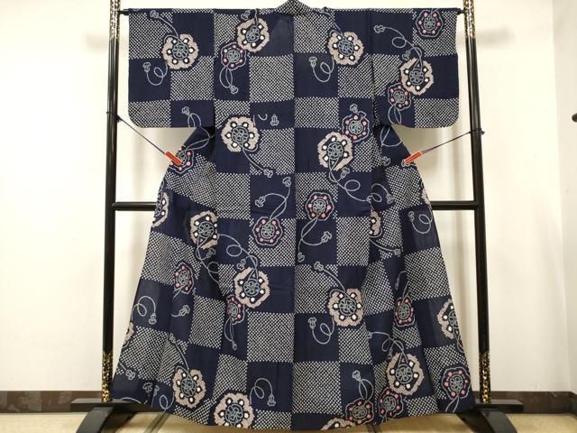 平和屋着物∴夏物　浴衣　有松鳴海絞り　鏡裏　市松文様　綿　逸品　DABJ3093ea