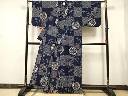 平和屋着物∴夏物　浴衣　有松鳴海絞り　鏡裏　市松文様　綿　逸品　DABJ3093ea