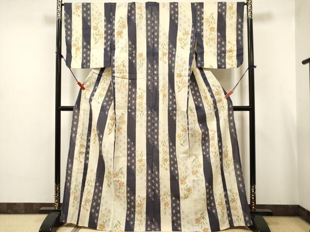 平和屋着物∴夏物　小紋・浴衣兼用　夢工房　桔梗　麻の葉文様　綿麻　逸品　DABJ3102ea