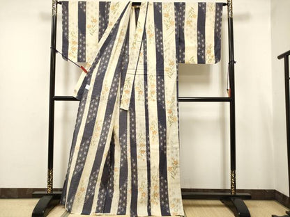 平和屋着物∴夏物　小紋・浴衣兼用　夢工房　桔梗　麻の葉文様　綿麻　逸品　DABJ3102ea
