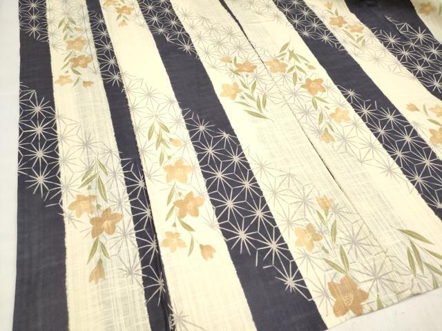 平和屋着物∴夏物　小紋・浴衣兼用　夢工房　桔梗　麻の葉文様　綿麻　逸品　DABJ3102ea