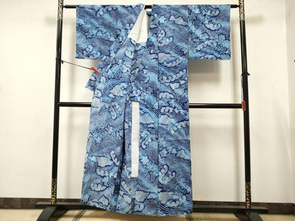 平和屋着物∴夏物　浴衣　有松鳴海絞り　立波楓文　綿　逸品　DABJ3109ea