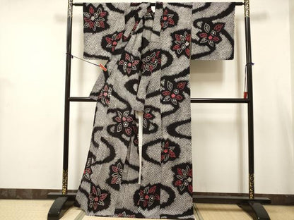 平和屋着物∴夏物　浴衣　有松鳴海絞り　舞花文　黒地　ロング丈　綿　逸品　DABJ3112ea