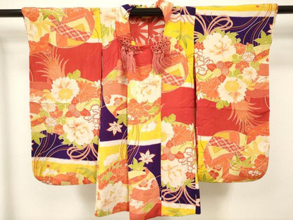 平和屋着物[]アンティーク　大正ロマン　七五三　女の子　３歳　祝着　三つ身　くす玉花文　逸品　DABJ3115ea