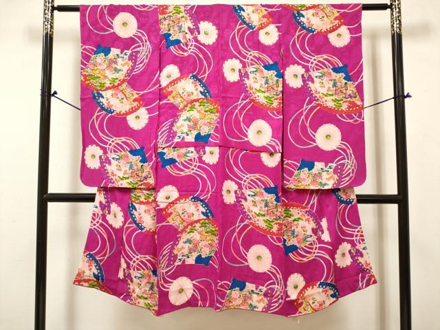 平和屋着物[]アンティーク　大正ロマン　女の子　７歳　祝着　四つ身　檜扇花文　逸品　DABJ3118ea