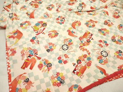 平和屋着物[]アンティーク　大正ロマン　女の子　７歳　祝着　四つ身　こけし　楽器花丸文　金彩　逸品　DABJ3122ea