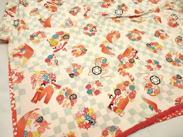 平和屋着物[]アンティーク　大正ロマン　女の子　７歳　祝着　四つ身　こけし　楽器花丸文　金彩　逸品　DABJ3122ea