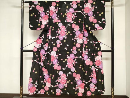 平和屋着物＊夏物　浴衣　女の子　子供　花うさぎ　黒地　金彩　綿　DABJ3128ea