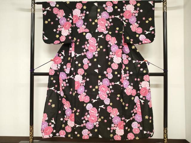 平和屋着物＊夏物　浴衣　女の子　子供　花うさぎ　黒地　金彩　綿　DABJ3128ea