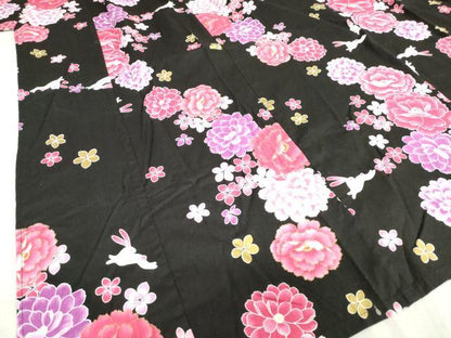 平和屋着物＊夏物　浴衣　女の子　子供　花うさぎ　黒地　金彩　綿　DABJ3128ea