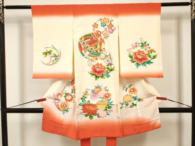 平和屋着物[]お宮参り　女の子　祝着　産着　初着　のしめ　駒刺繍　鈴花丸文　暈し染め　金彩　逸品　DABJ3137ea