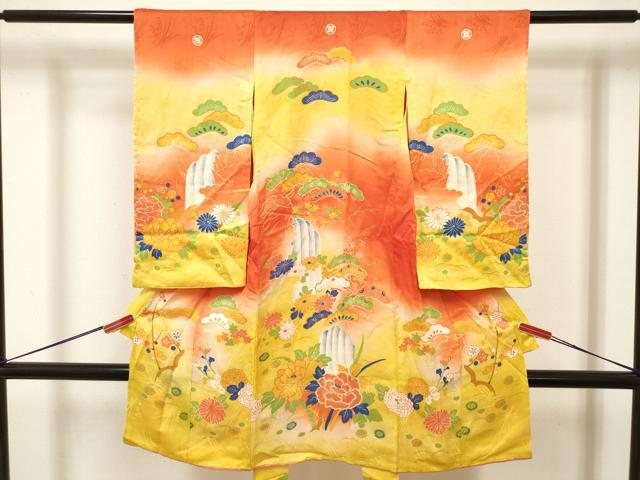平和屋着物[]アンティーク　大正ロマン　お宮参り　女の子　祝着　産着　初着　のしめ　駒刺繍　風景花松文　暈し染め　逸品　DABJ3138ea