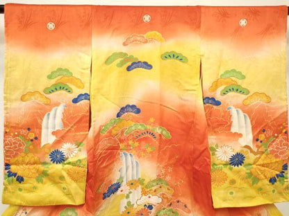 平和屋着物[]アンティーク　大正ロマン　お宮参り　女の子　祝着　産着　初着　のしめ　駒刺繍　風景花松文　暈し染め　逸品　DABJ3138ea