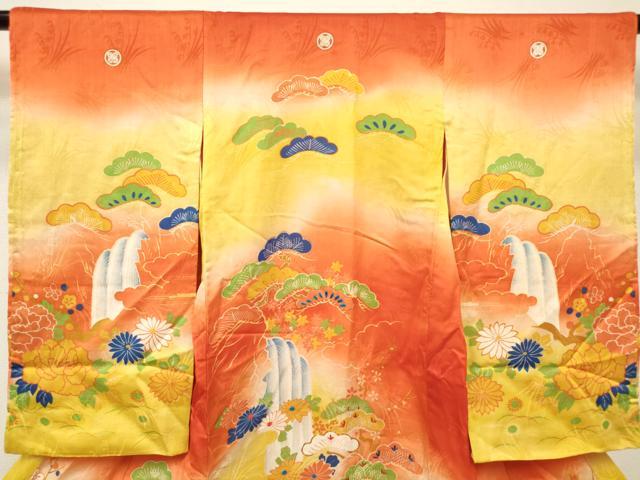 平和屋着物[]アンティーク　大正ロマン　お宮参り　女の子　祝着　産着　初着　のしめ　駒刺繍　風景花松文　暈し染め　逸品　DABJ3138ea