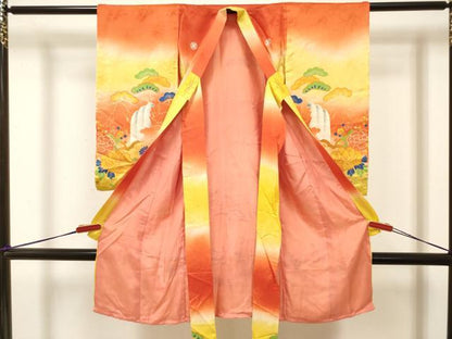 平和屋着物[]アンティーク　大正ロマン　お宮参り　女の子　祝着　産着　初着　のしめ　駒刺繍　風景花松文　暈し染め　逸品　DABJ3138ea