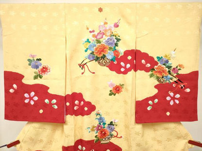 平和屋着物[]お宮参り　女の子　祝着　産着　初着　のしめ　刺繍　絞り　花車飾花文　金糸　逸品　DABJ3140ea
