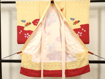 平和屋着物[]お宮参り　女の子　祝着　産着　初着　のしめ　刺繍　絞り　花車飾花文　金糸　逸品　DABJ3140ea