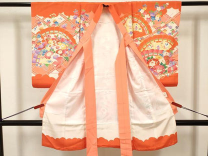 平和屋着物[]お宮参り　女の子　祝着　産着　初着　のしめ　駒刺繍　檜扇花文　くす玉　金彩　逸品　DABJ3141ea