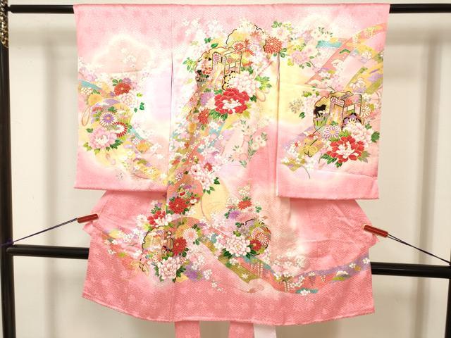 平和屋着物[]お宮参り　女の子　祝着　産着　初着　のしめ　駒刺繍　雪輪　御所車花文　暈し染め　金彩　逸品　未使用　DABJ3142ea
