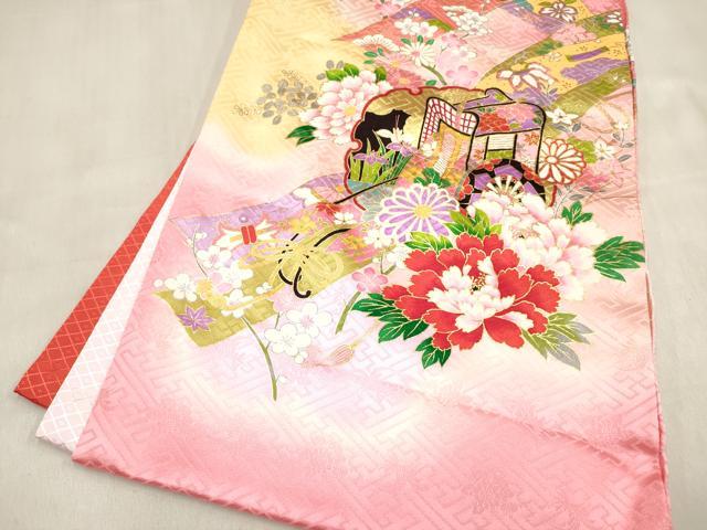 平和屋着物[]お宮参り　女の子　祝着　産着　初着　のしめ　駒刺繍　雪輪　御所車花文　暈し染め　金彩　逸品　未使用　DABJ3142ea