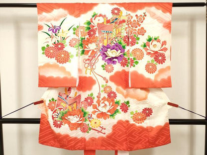平和屋着物[]お宮参り　女の子　祝着　産着　初着　のしめ　駒刺繍　御所車花文　逸品　DABJ3144ea