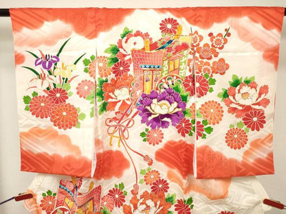 平和屋着物[]お宮参り　女の子　祝着　産着　初着　のしめ　駒刺繍　御所車花文　逸品　DABJ3144ea
