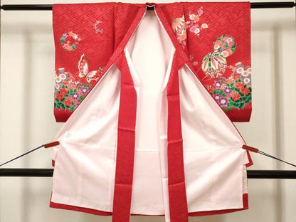 平和屋着物[]お宮参り　女の子　祝着　産着　初着　のしめ　舞蝶花鞠文　金彩　逸品　DABJ3146ea