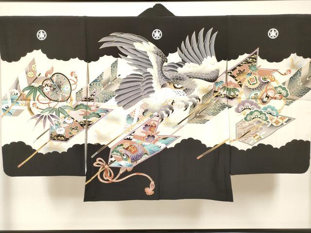 平和屋着物[]七五三　男の子　羽織　鷹　鷲　矢羽松文　金彩　逸品　DABJ3150ea