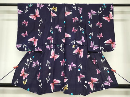 平和屋着物＊夏物　浴衣　女の子　子供　注染　舞蝶文　日本製　綿　逸品　DABJ3162ea