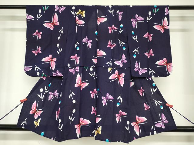 平和屋着物＊夏物　浴衣　女の子　子供　注染　舞蝶文　日本製　綿　逸品　DABJ3162ea