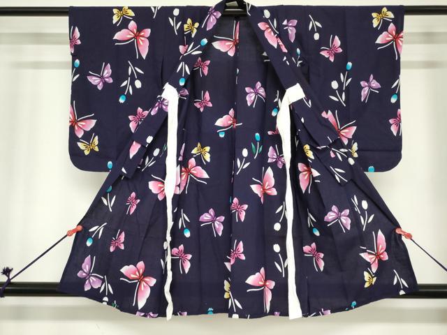 平和屋着物＊夏物　浴衣　女の子　子供　注染　舞蝶文　日本製　綿　逸品　DABJ3162ea