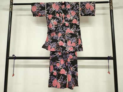 平和屋着物＊夏物　甚平　上下セット　女の子　子供　薔薇　バラ　黒地　ポケット付き　綿　DABJ3171ea
