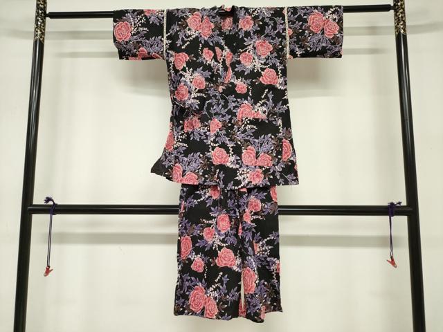 平和屋着物＊夏物　甚平　上下セット　女の子　子供　薔薇　バラ　黒地　ポケット付き　綿　DABJ3171ea