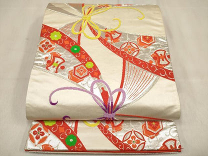 平和屋着物[]女の子　子供　全通柄袋帯　唐織　束ね紐　宝尽くし花文　銀糸　逸品　DABJ3265ea